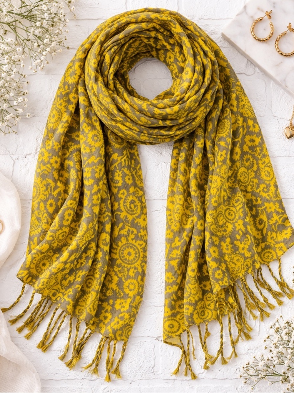 Mustard Yellow Floral Paisley Print Fringe Scarf Boho Wrap Lightweight 30x78